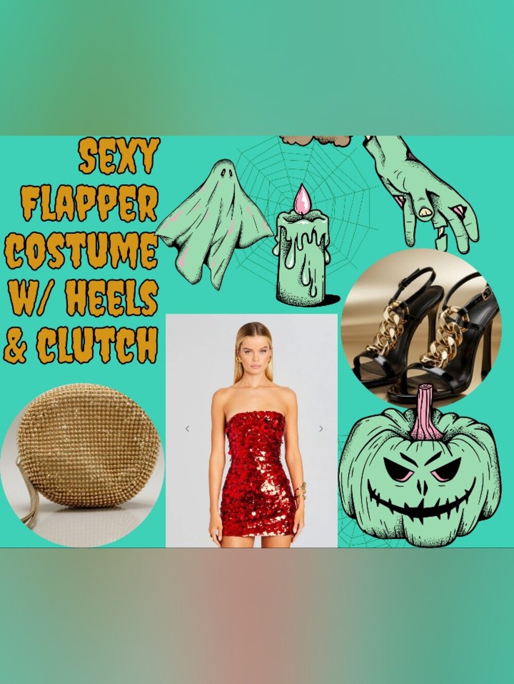 Sexy Red Sequin Flapper Costume Costume W/ High Heels & A Gold Clutch NWOT
